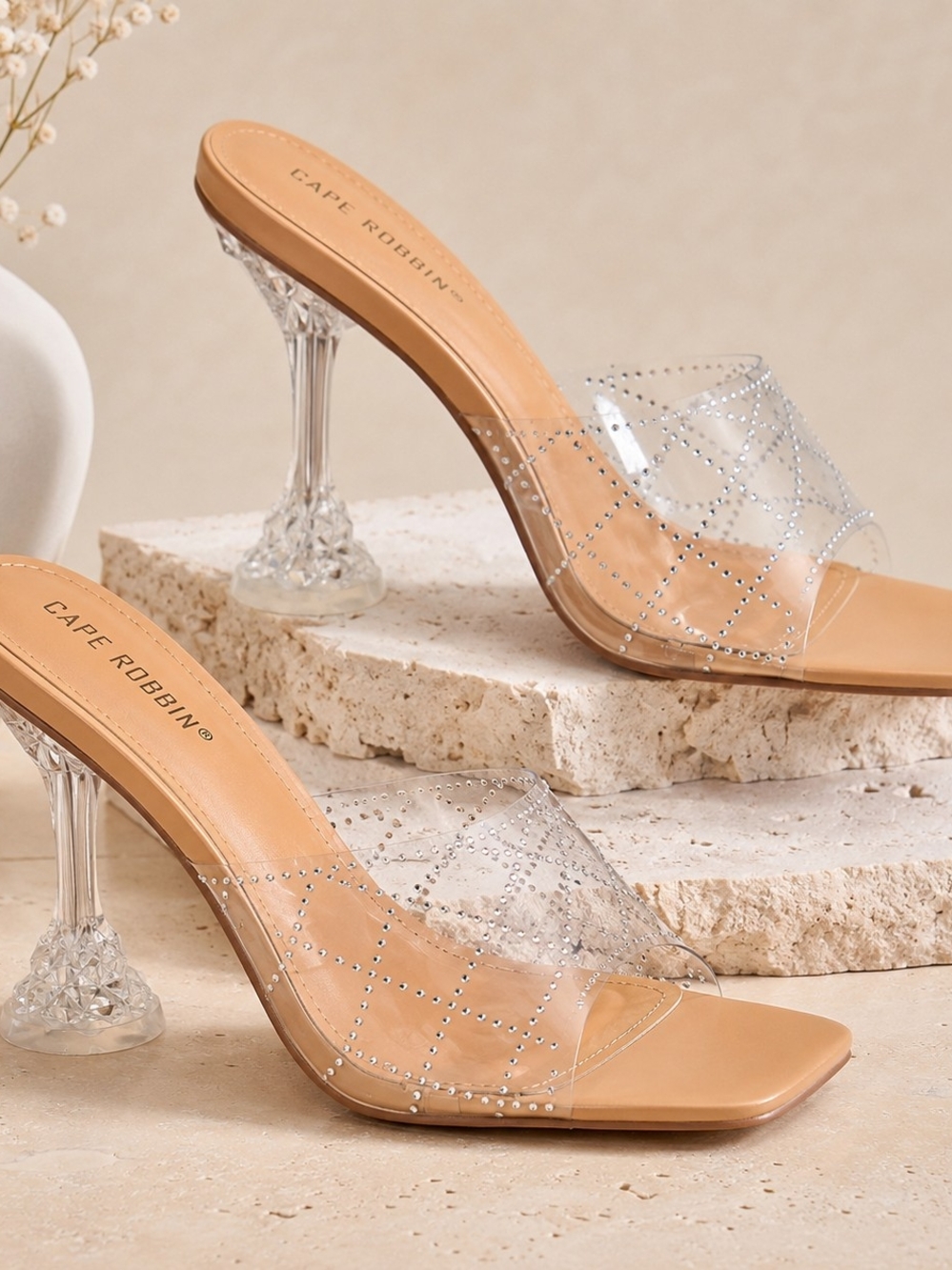 Cape Robbin Nude Clear Crystal-Studded Mule
